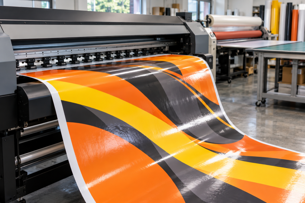 Mesin cetak format lebar mencetak vinyl oren, kuning dan kelabu gelap